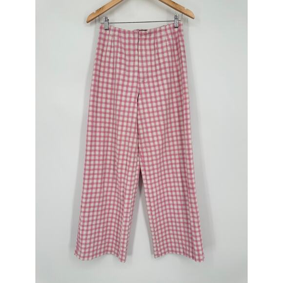 ZARA Full Length Gingham Plaid Wide Leg Pants High Rise Trouser Pink/ White - Picture 5 of 12
